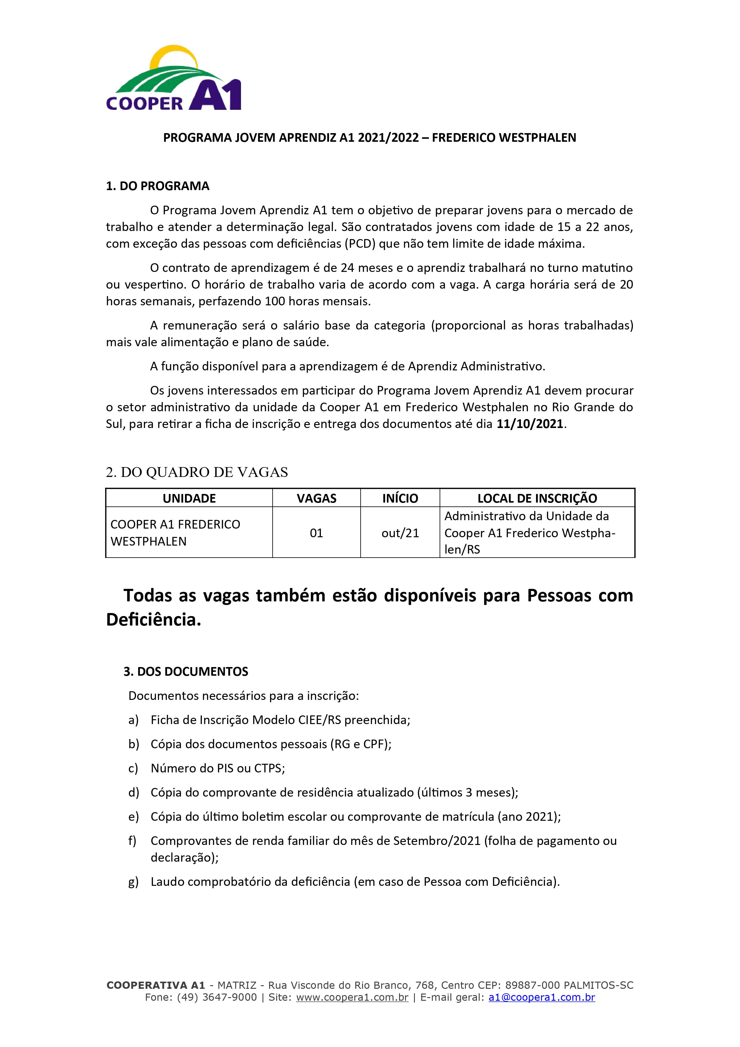 Edital Jovem Aprendiz 2021 - Frederico Westphalen